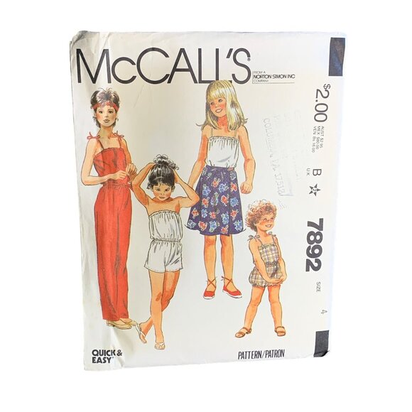 McCall's Girls Jumpsuit Skirt Sewing Pattern Sz 4 7892 - Uncut - Picture 1 of 4